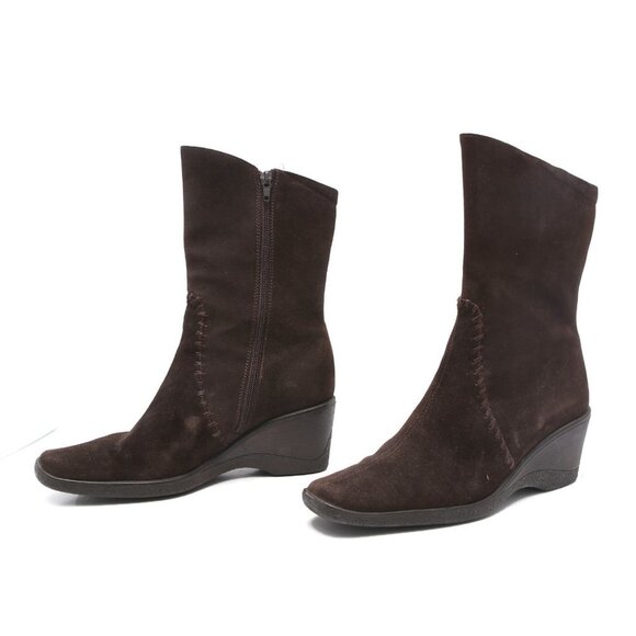 Aquatalia Suede Wedge Boots Winter Brown Y2K Square Toe Warm Lined Size Zip - Picture 4 of 12